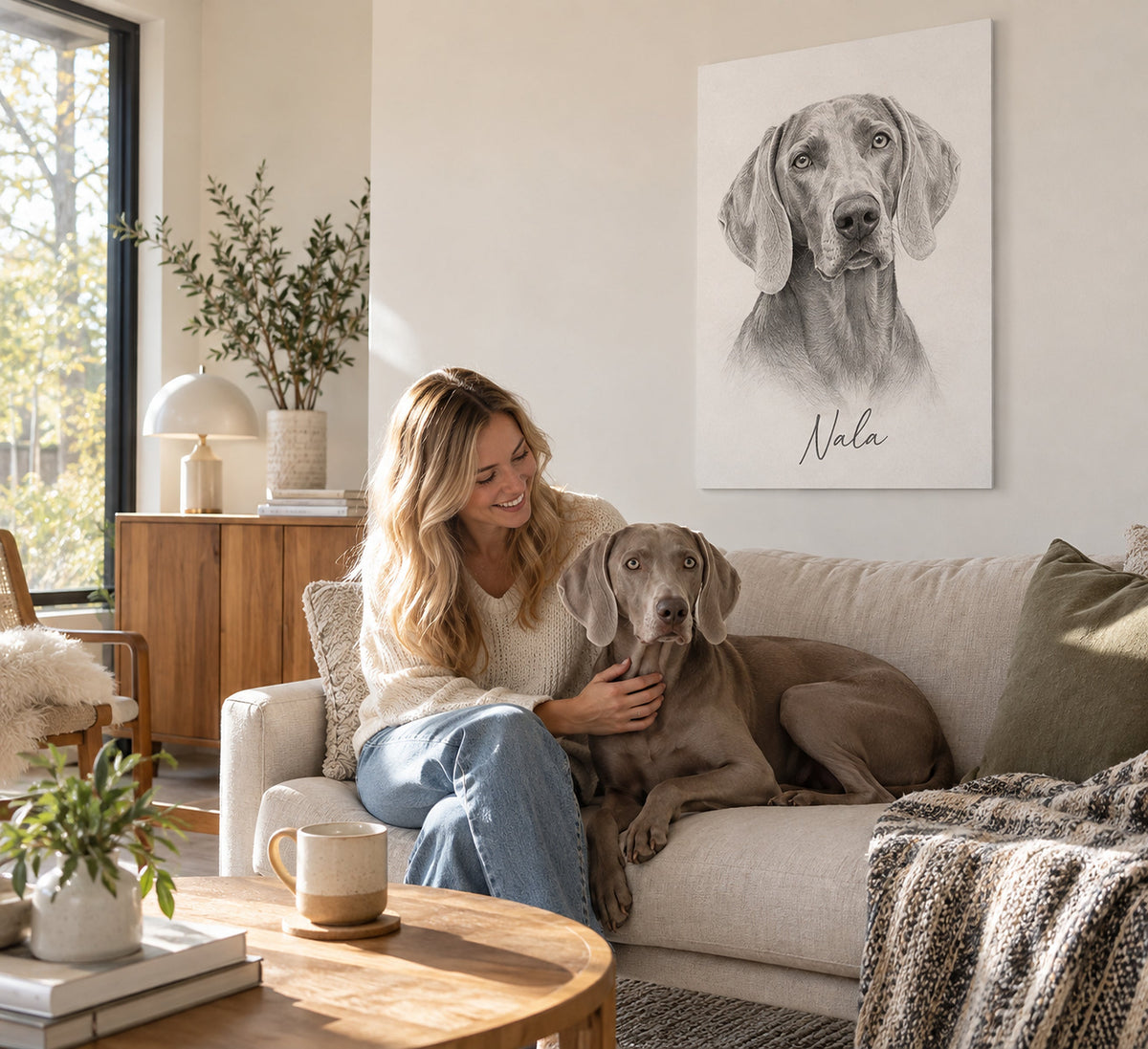 Hundeportrait auf Hartschaumplatte im Wohnzimmer, Weimaraner mit dem Namen Nala