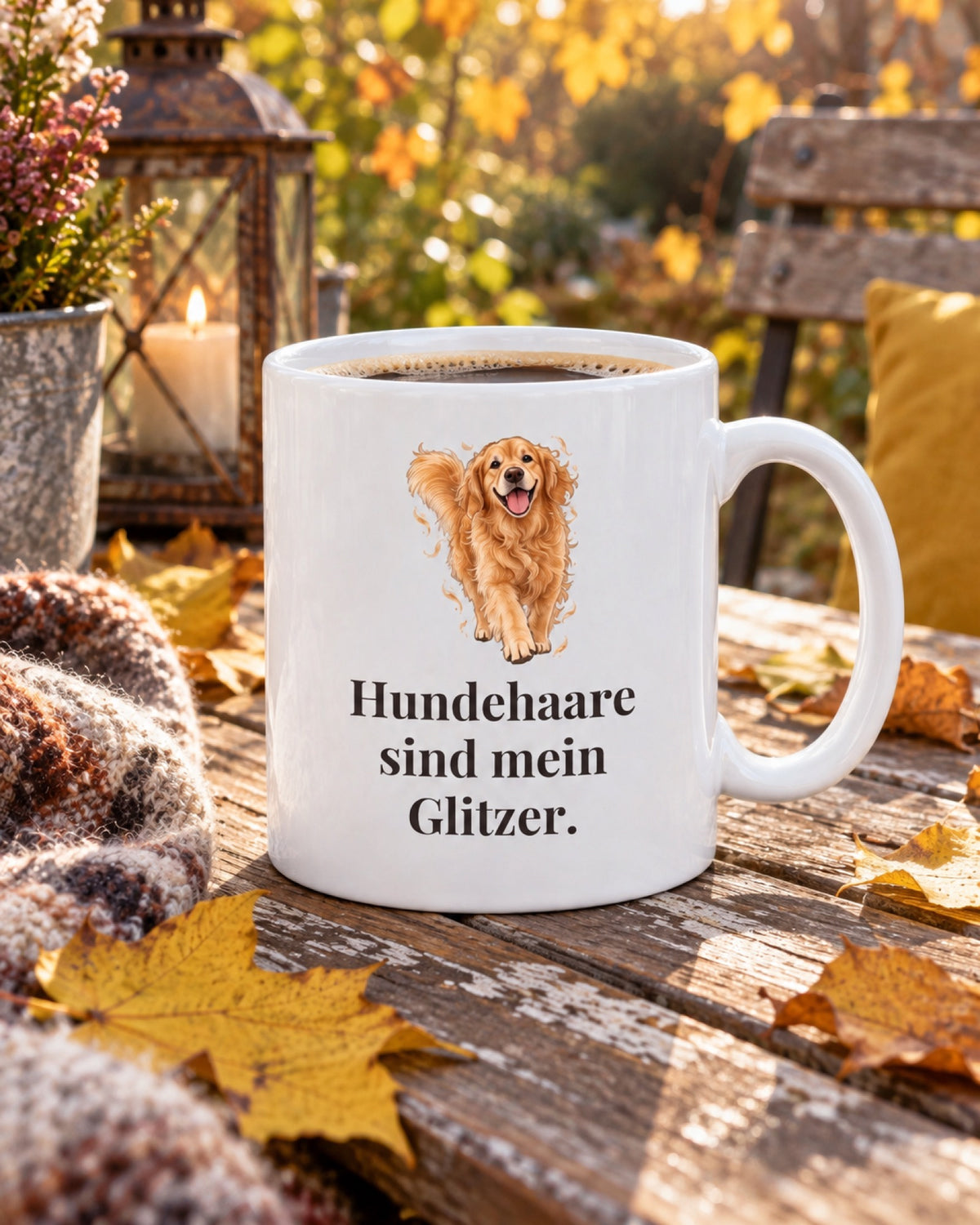 Weiße Keramiktasse Hundetasse mit Spruch: Hundehaare sind mein Glitzer. auf einem Gartentisch im Herbst