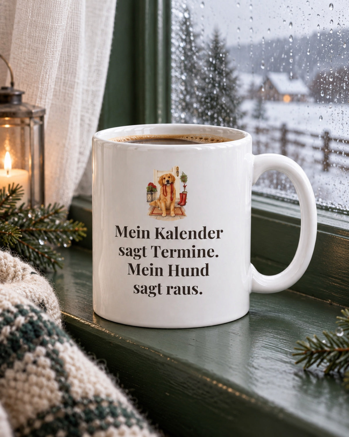 Weiße Keramiktasse Hundetasse mit Spruch: Mein Kalender sagt Termine. Mein Hund sagt raus. auf einem grünen Fensterbrett