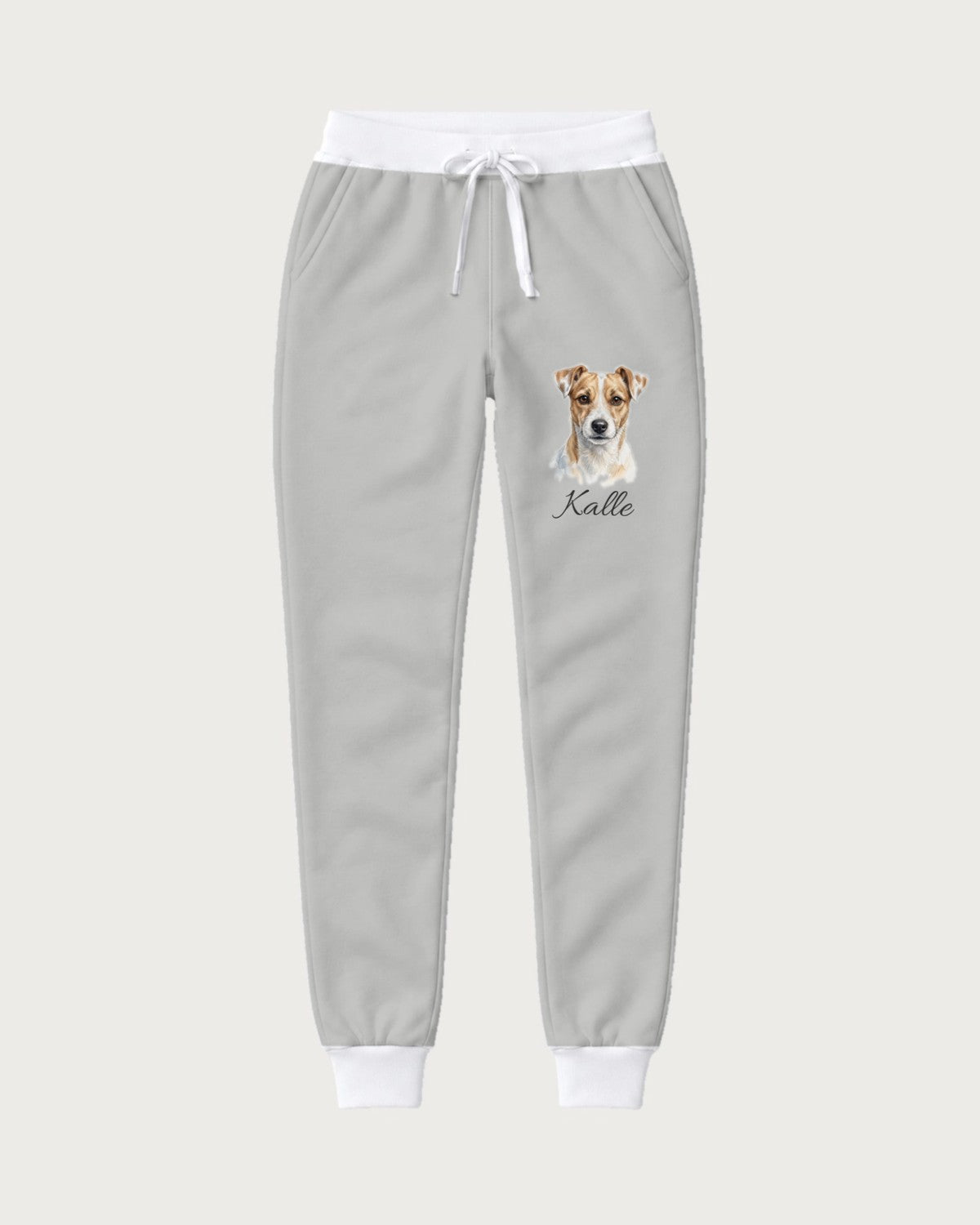 Light grey joggers with dog portrait and name: view of the full joggers