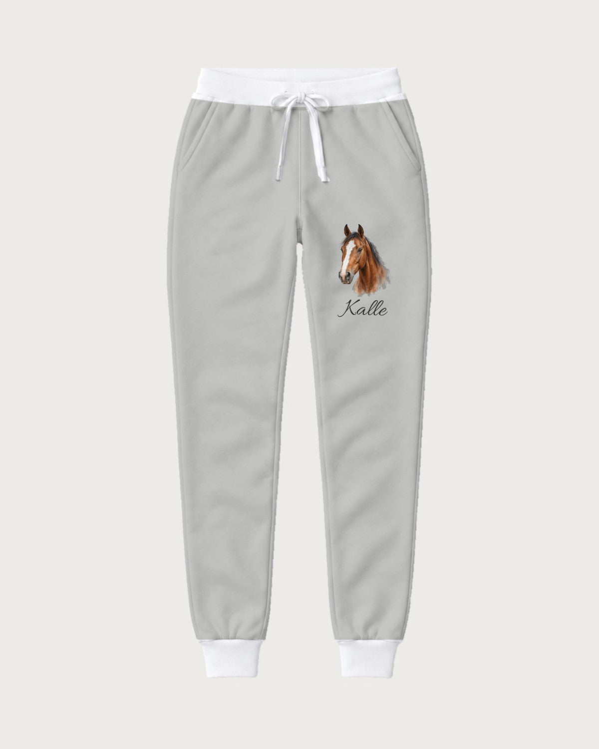 Light grey joggers with horse portrait and name: view of the full joggers
