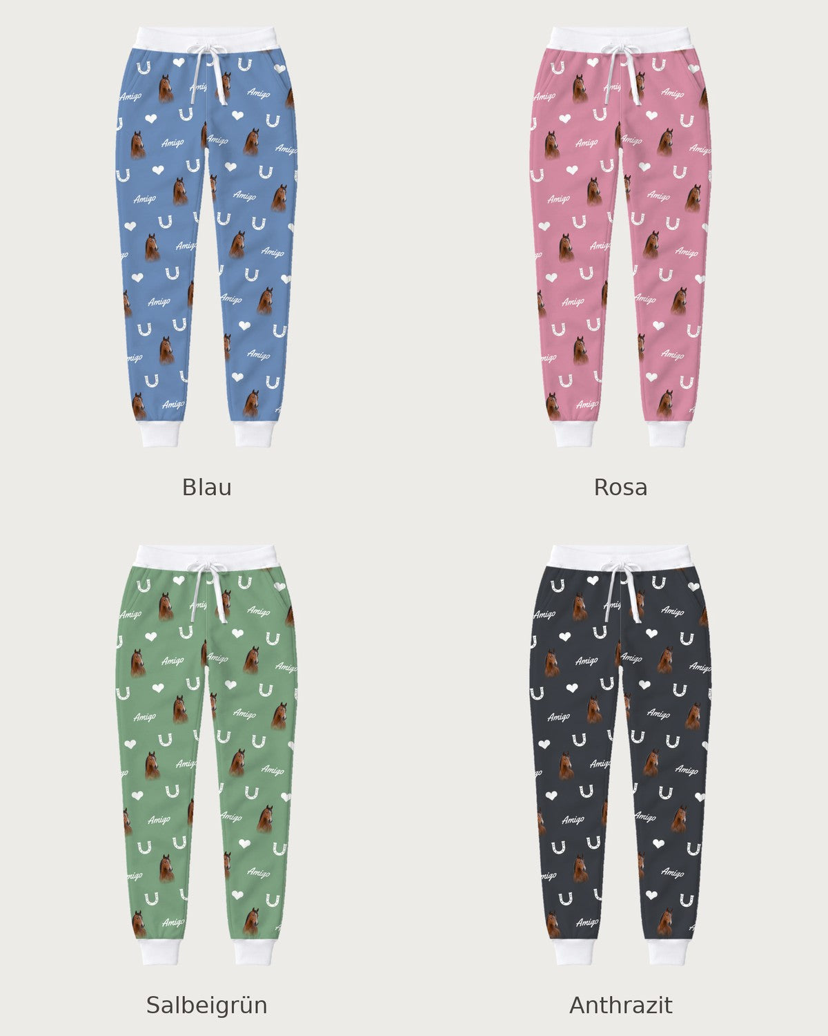 Pantaloni della tuta con teste di cavalli: confronto dei quattro colori
