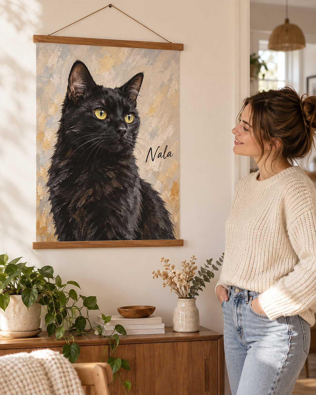 Cat portrait poster with hanger in a living room, black cat named Nala