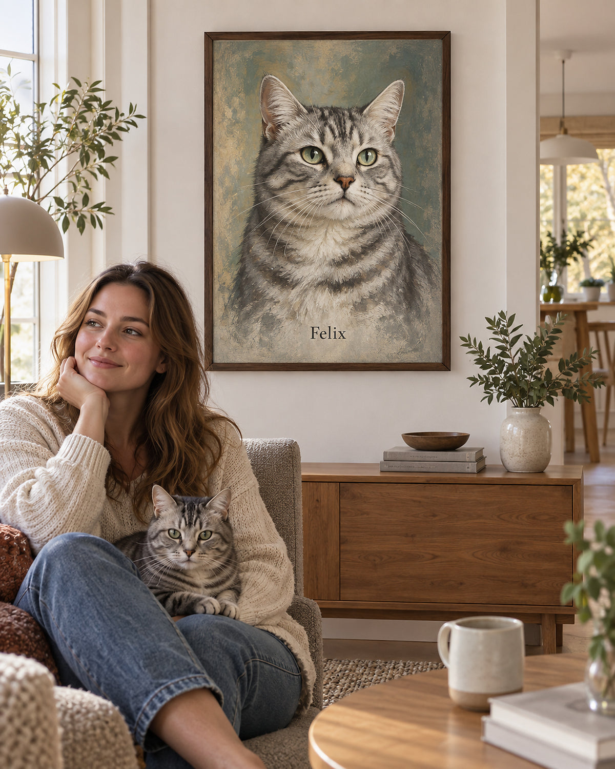 Cat portrait in a wooden frame in a living room, tabby domestic cat named Felix