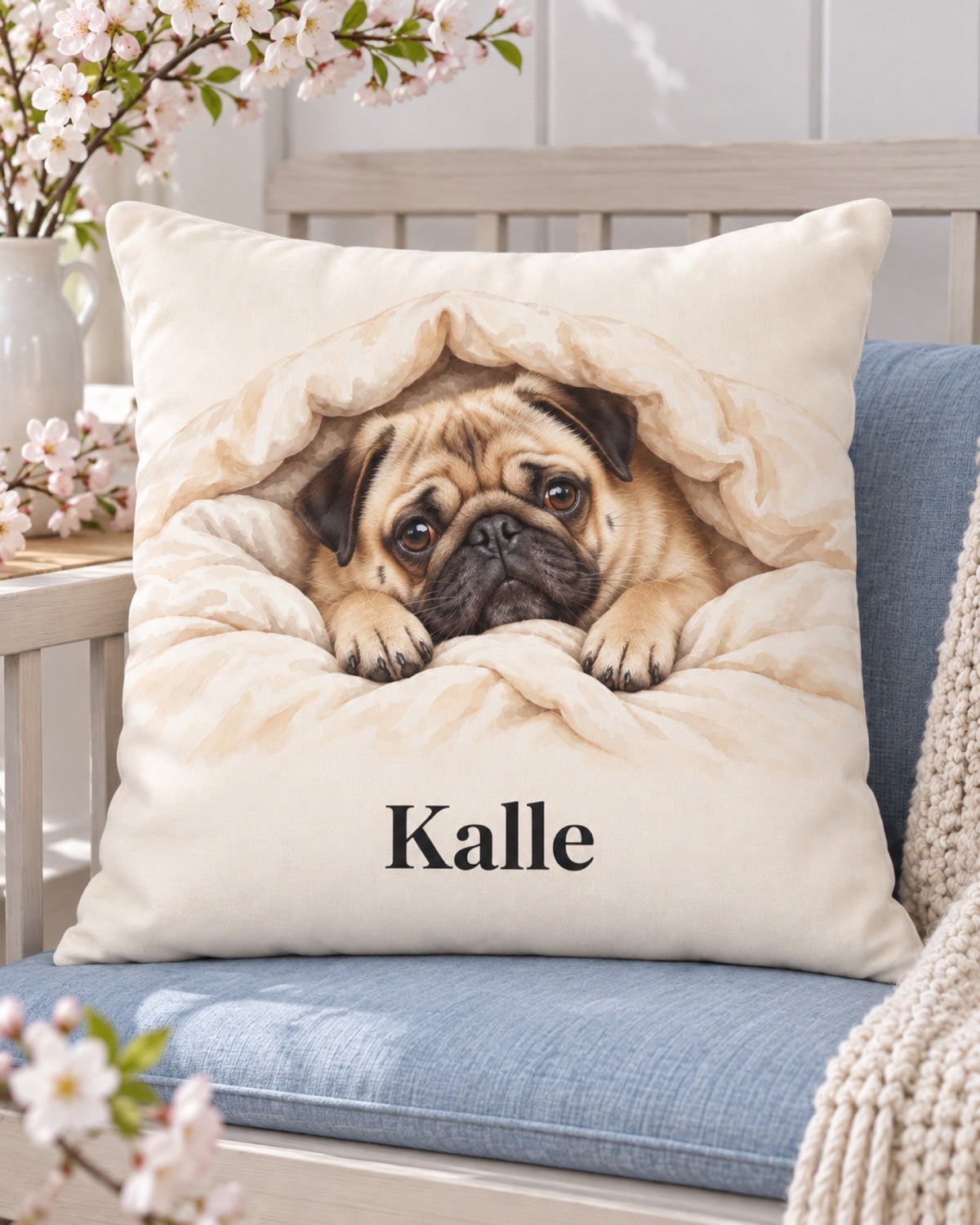 Kissen Unter der Decke mit Mops Kalle auf einer hellen Eschenbank im Frühling