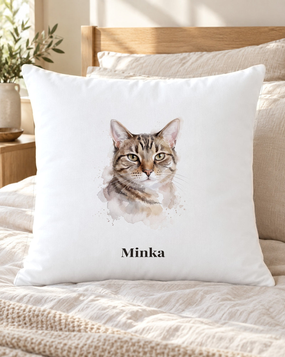 Kissenbezug mit Katzenportrait im Aquarell-Stil und Namen Minka auf dem Bett