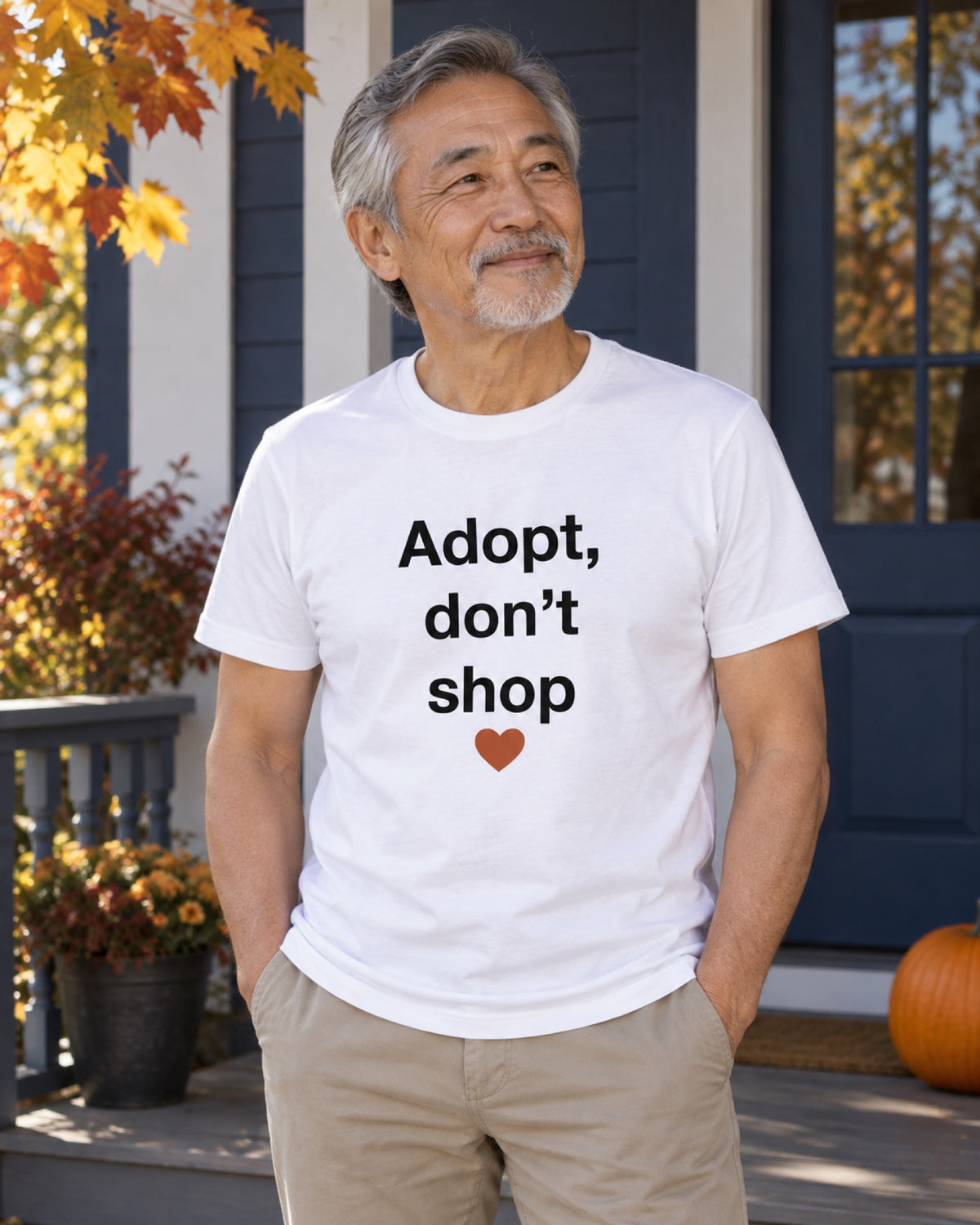 Mann im weißen T-Shirt mit festem Adopt, don't shop Motiv und Herz vor einer blauen Herbstveranda