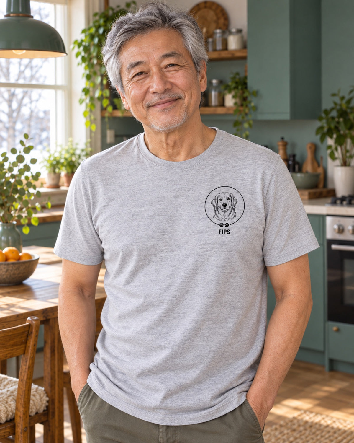 Mann im graumelierten T-Shirt mit kleinem Golden-Retriever-Brustportrait und Beispielname Fips in einer meergrünen Wohnküche
