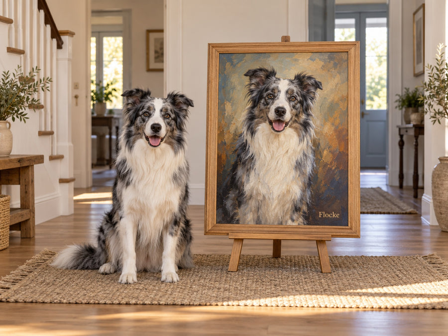Australian Shepherd neben seinem Portrait als Ölgemälde auf der Staffelei