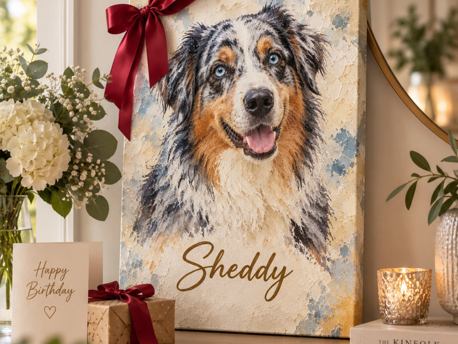 Leinwand mit Australian Shepherd Sheddy im Aquarell-Stil mit roter Schleife zwischen Geburtstagsblumen