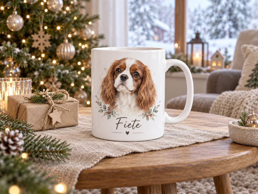Tasse mit Cavalier King Charles als Aquarell und Namen Fiete unter dem Weihnachtsbaum