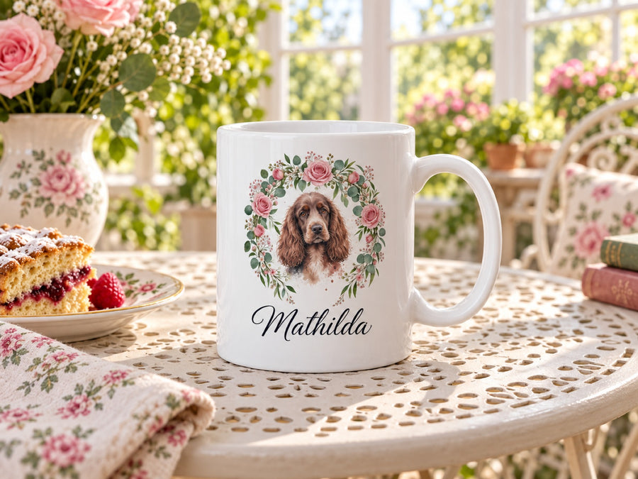 Hundetasse mit Spaniel im Blumenkranz und Namen Mathilda