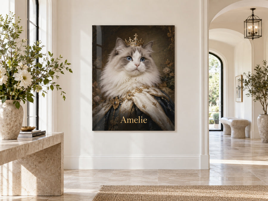 Ragdoll-Katze im Royal-Stil mit Krone und Namen Amelie