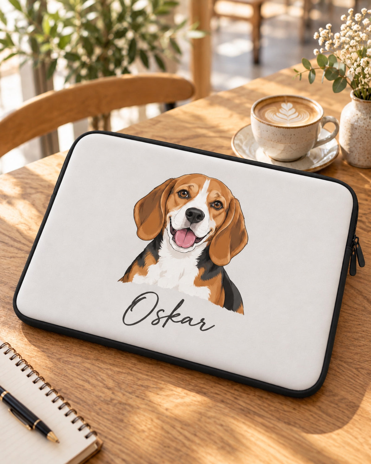 Laptophülle mit Beagle Oskar auf einem Cafétisch neben Cappuccino
