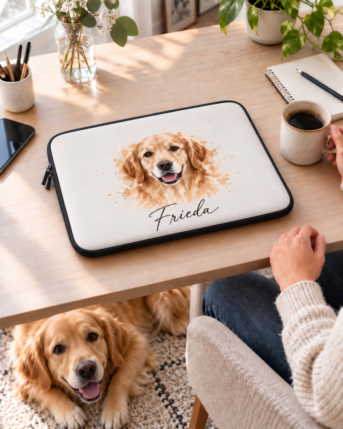 Laptophülle mit Golden Retriever Frieda auf dem Schreibtisch neben demselben Hund