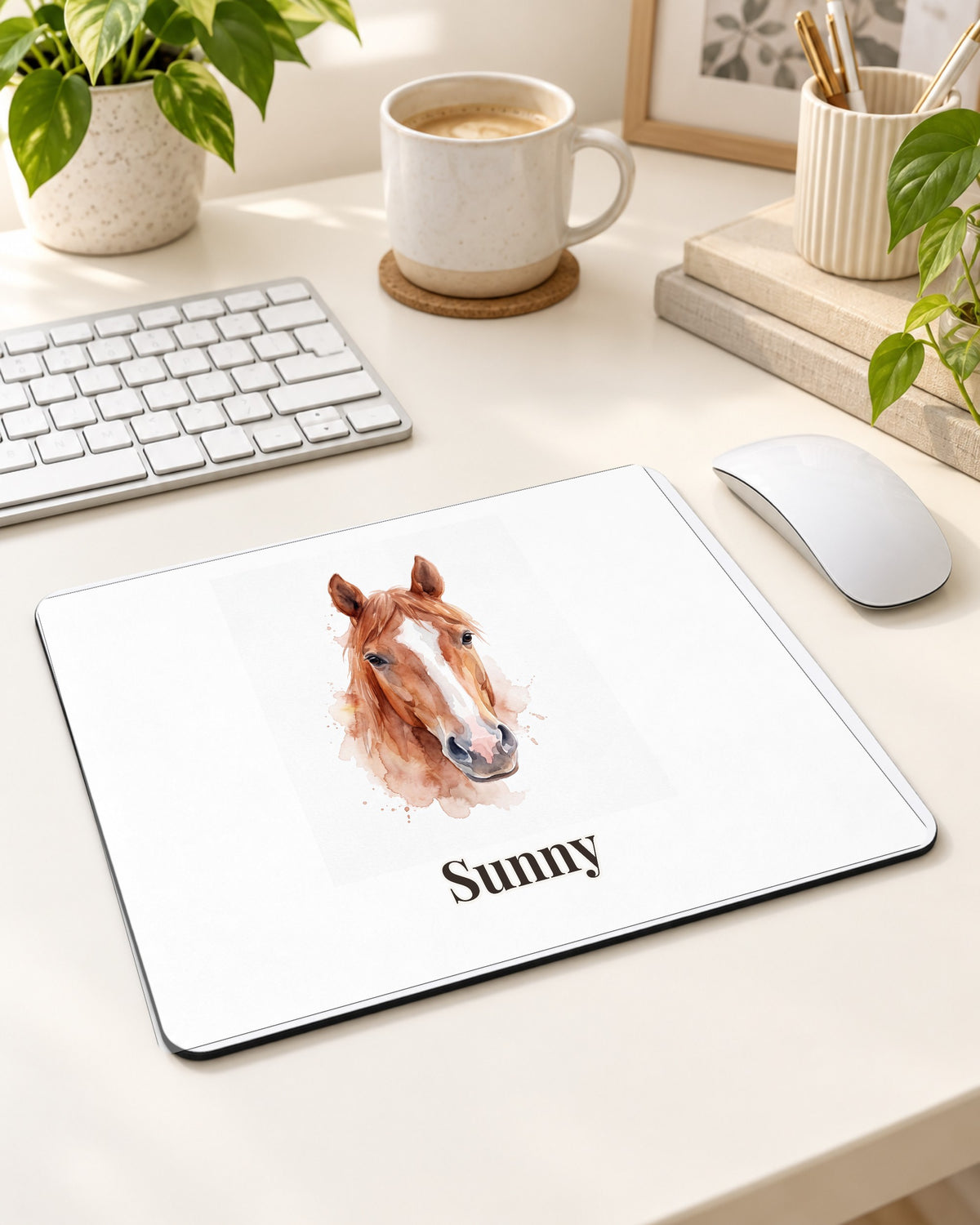 Mauspad mit deinem Pferd im Aquarell-Stil mit Namen Sunny auf dem Schreibtisch