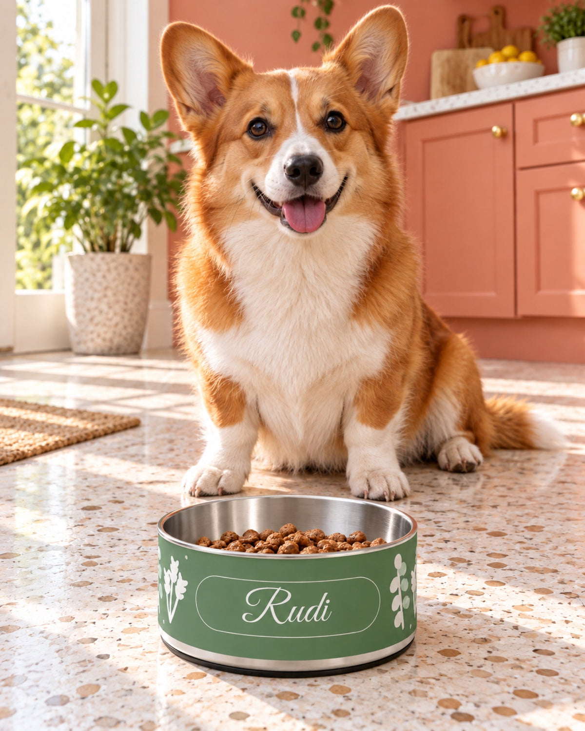 Bedruckter Edelstahl Futternapf mit Namen Rudi neben Corgi in einer korallfarbenen Küche auf weißem Terrazzo