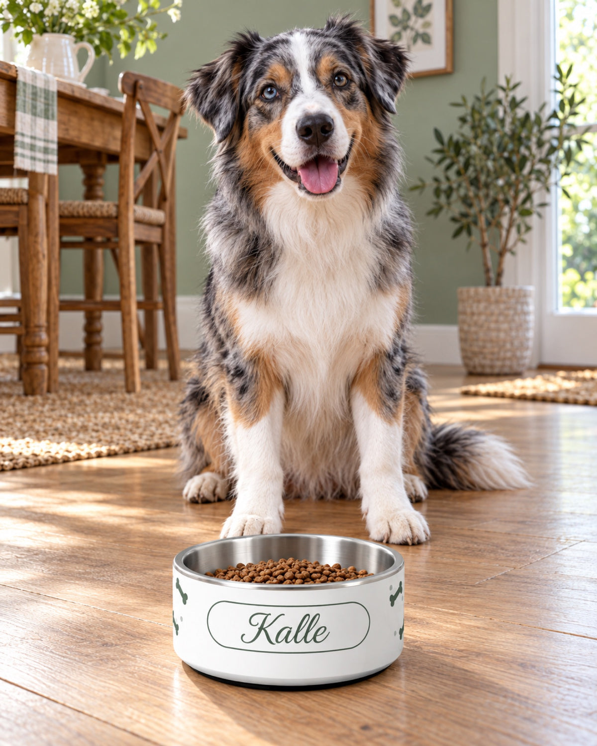 Bedruckter Edelstahl Futternapf mit Namen Kalle neben Australian Shepherd in einem rustikalen Esszimmer auf hellem Holz