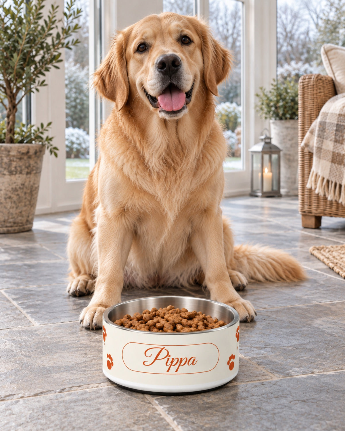 Bedruckter Edelstahl Futternapf mit Namen Pippa neben Golden Retriever in einem hellen Wintergarten auf Schieferboden