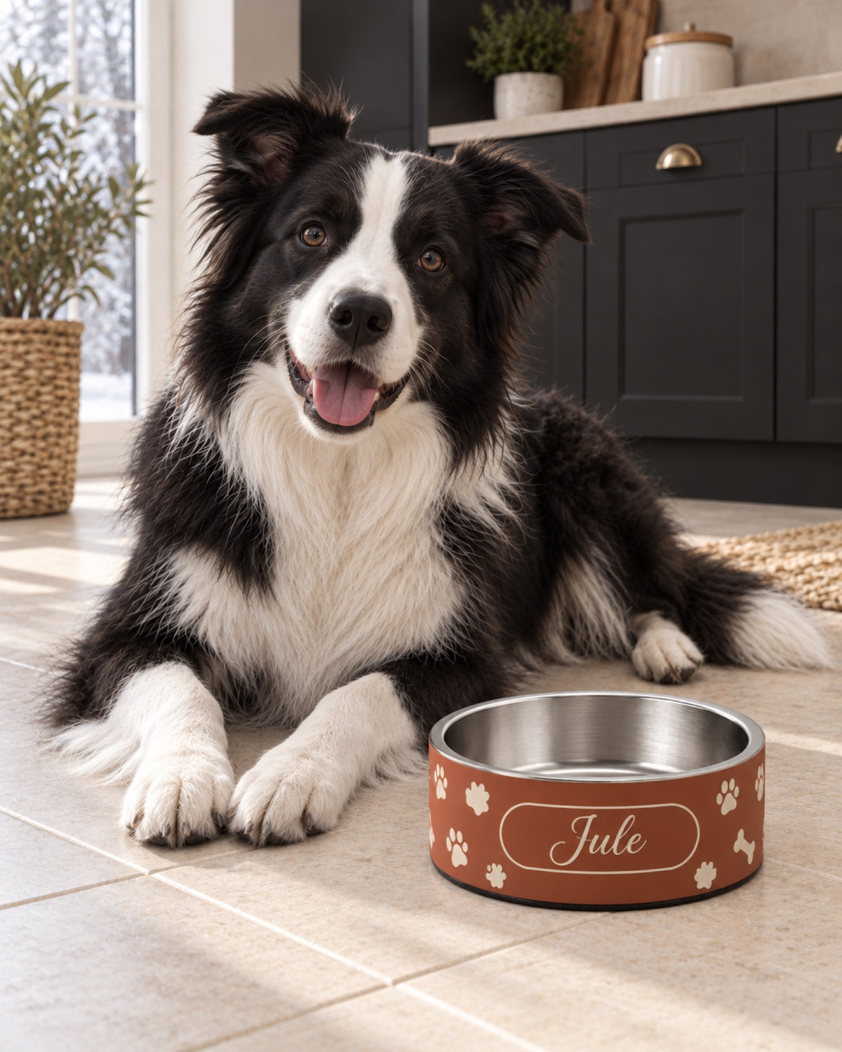 Bedruckter Edelstahl Futternapf mit Namen Jule neben Border Collie in einer schwarzen Wohnküche auf hellem Stein