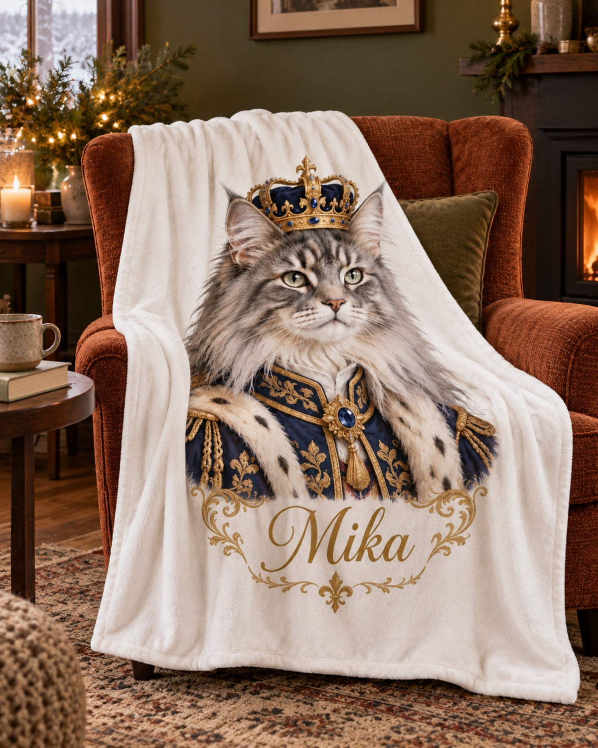 Kuscheldecke mit Maine Coon im Royal-Stil und Namen Mika auf einem rostfarbenen Lesesessel vor olivgrüner Wand im Winter