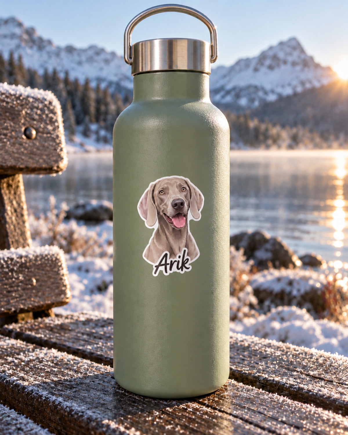 Vinylsticker 7,6 cm mit Weimaraner im Original Stil und Namen Arik auf einer salbeigrünen Trinkflasche auf einer dunklen Holzbank am frostigen Bergsee