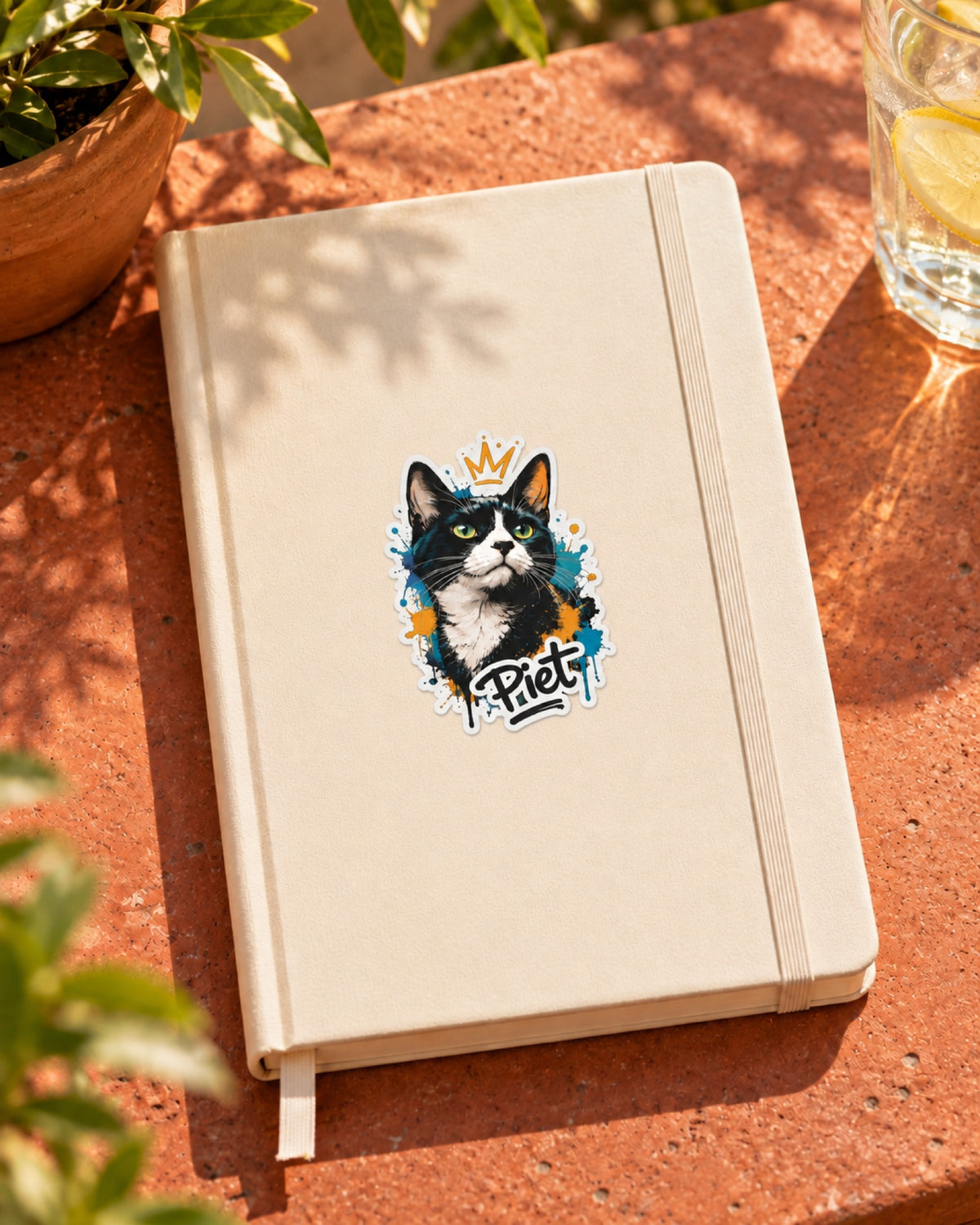 Vinylsticker 7,6 cm mit schwarzweißer Katze im Street Art Stil und Namen Piet auf einem cremefarbenen Notizbuch auf einem rötlichen Terrakottatisch im Sommer