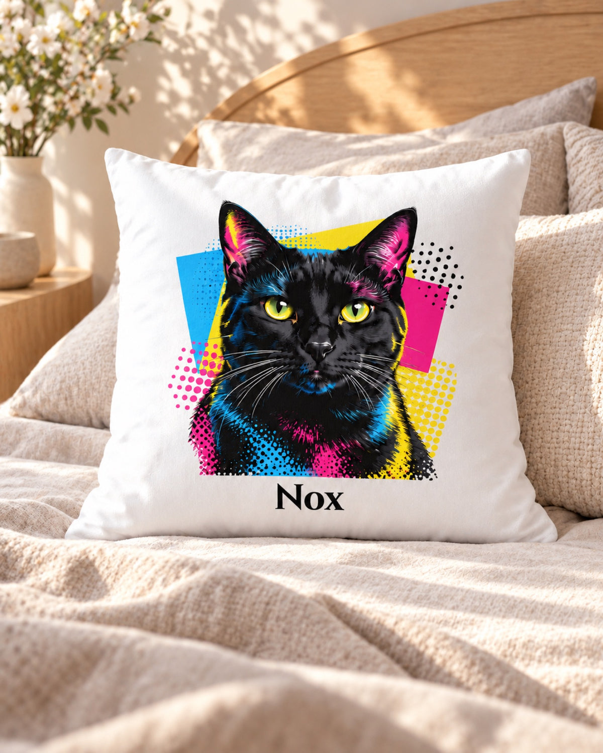Kissenbezug mit schwarzer Katze im Pop-Art-Stil und Namen Nox gezeigt mit eigener Füllung, auf einem sandfarbenen Bett im Frühling