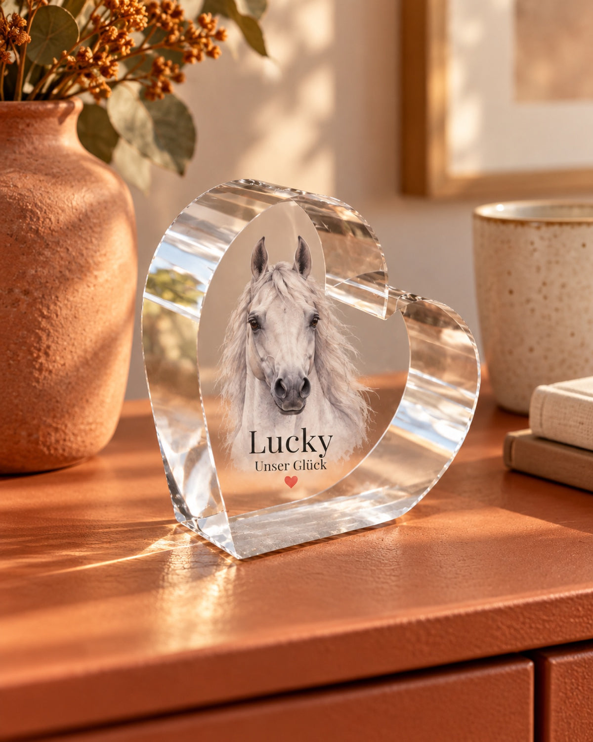 Acrylherz mit Schimmel Lucky und Namen auf terrakottafarbenem Sideboard