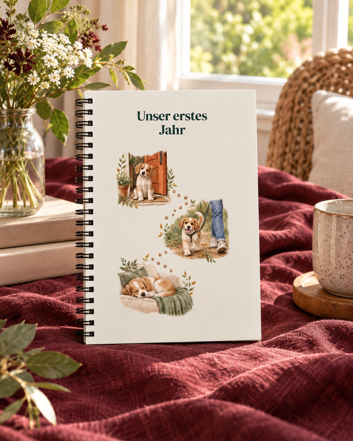 Hunde Journal Unser erstes Jahr mit drei Welpenszenen auf einer burgunderfarbenen Leinentagesdecke am Sommerfenster