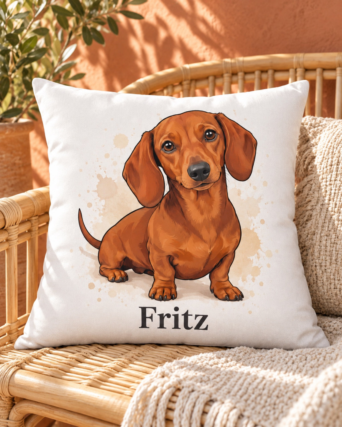 Kissen mit Dackel im Cartoon-Stil und Namen Fritz auf einer hellen Rattanbank im Frühling