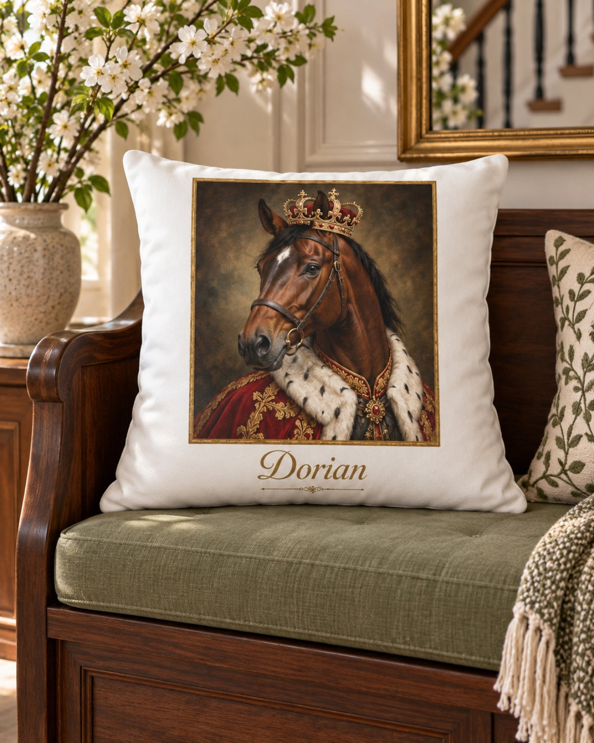 Kissen mit Braunem im Royal-Stil und Namen Dorian auf einer dunklen Holzbank im Frühling