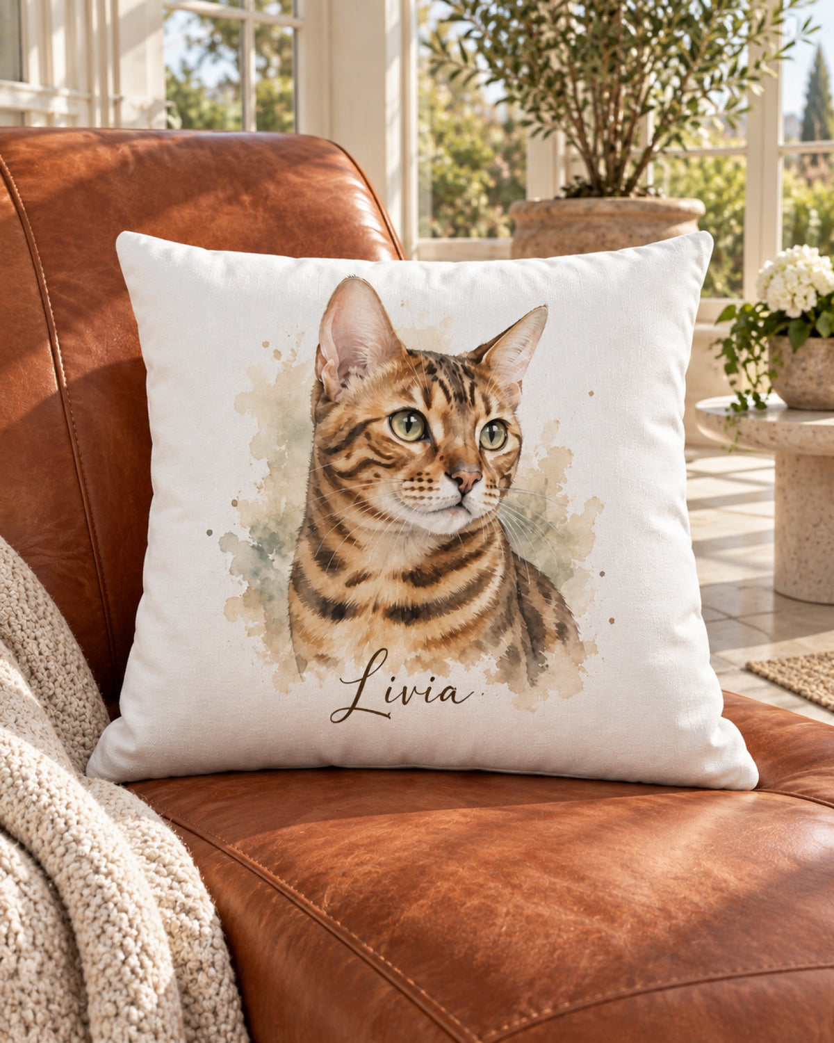 Kissen mit Bengalkatze im Aquarell-Stil und Namen Livia auf einer cognacfarbenen Liege im Sommer