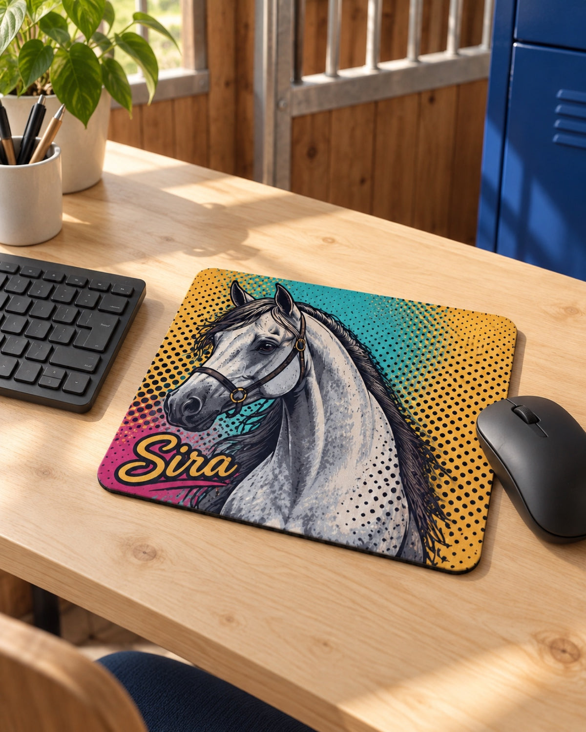 Mauspad 22 × 18 cm mit Schimmel im Pop Art Stil und Namen Sira auf einem Birkenpult mit kobaltblauem Spind im sonnigen Stallbüro