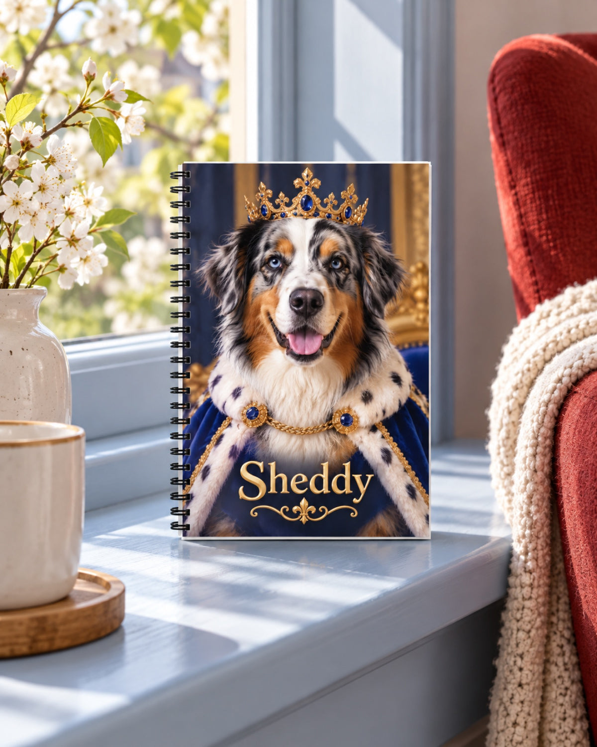 Spiralnotizbuch 14 × 22 cm mit Australian Shepherd im Royal Stil und Namen Sheddy auf einer hellblauen Fensterbank neben einem roten Lesesessel im Frühling