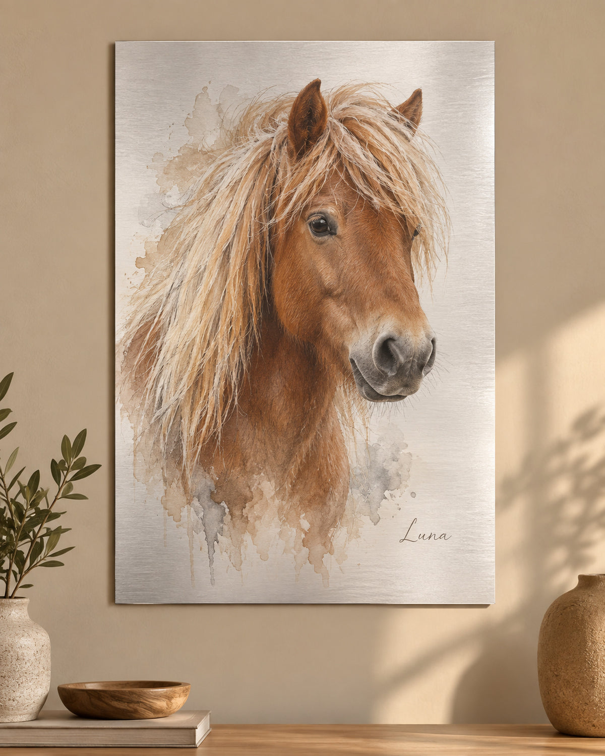Horse portrait on aluminum, example: Shetland pony named Luna