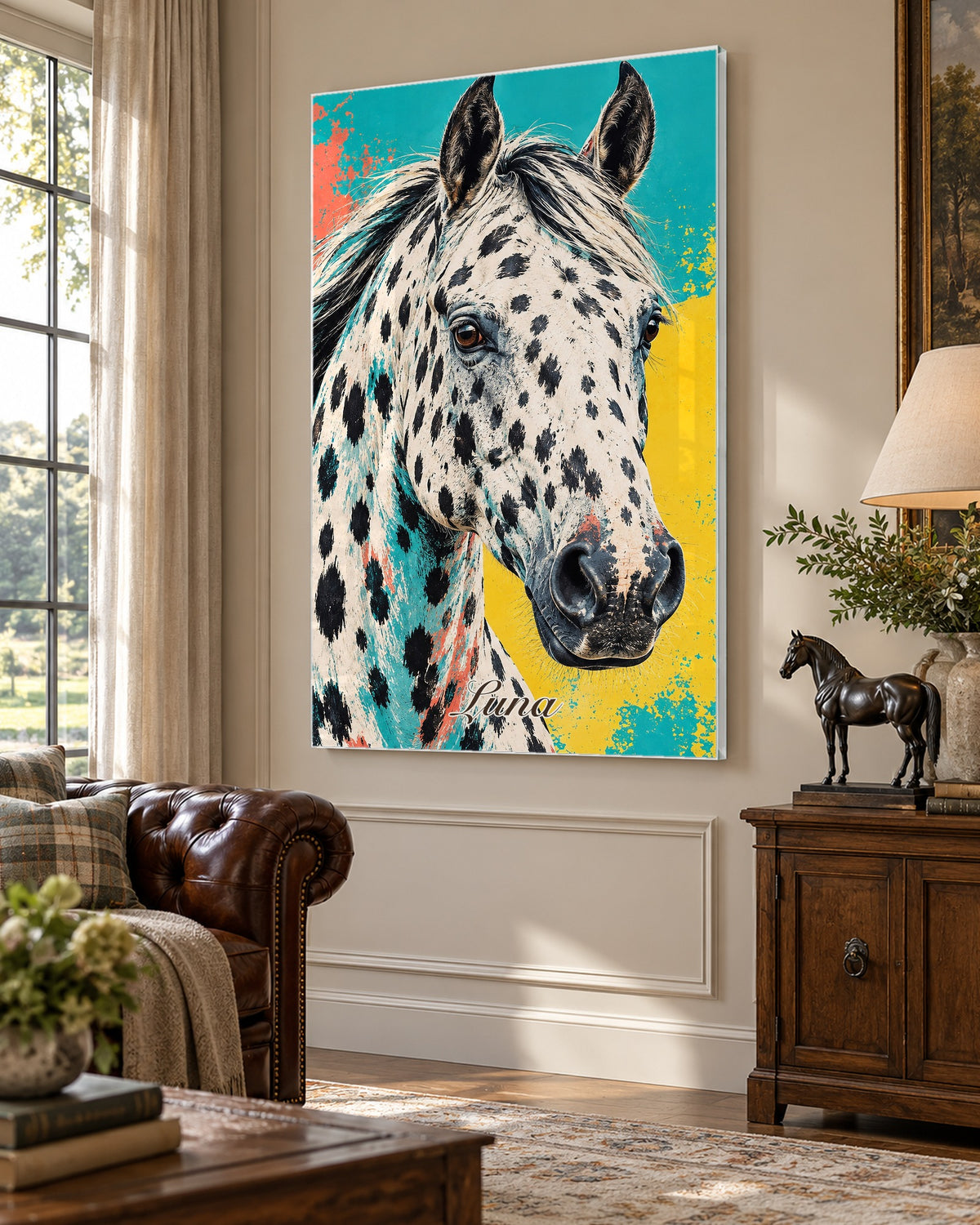 Buntes Pferdeportrait auf Acrylglas mit glänzender Oberfläche, gehängt über einer Holzkommode mit Pferdefigur, Beispielname Luna