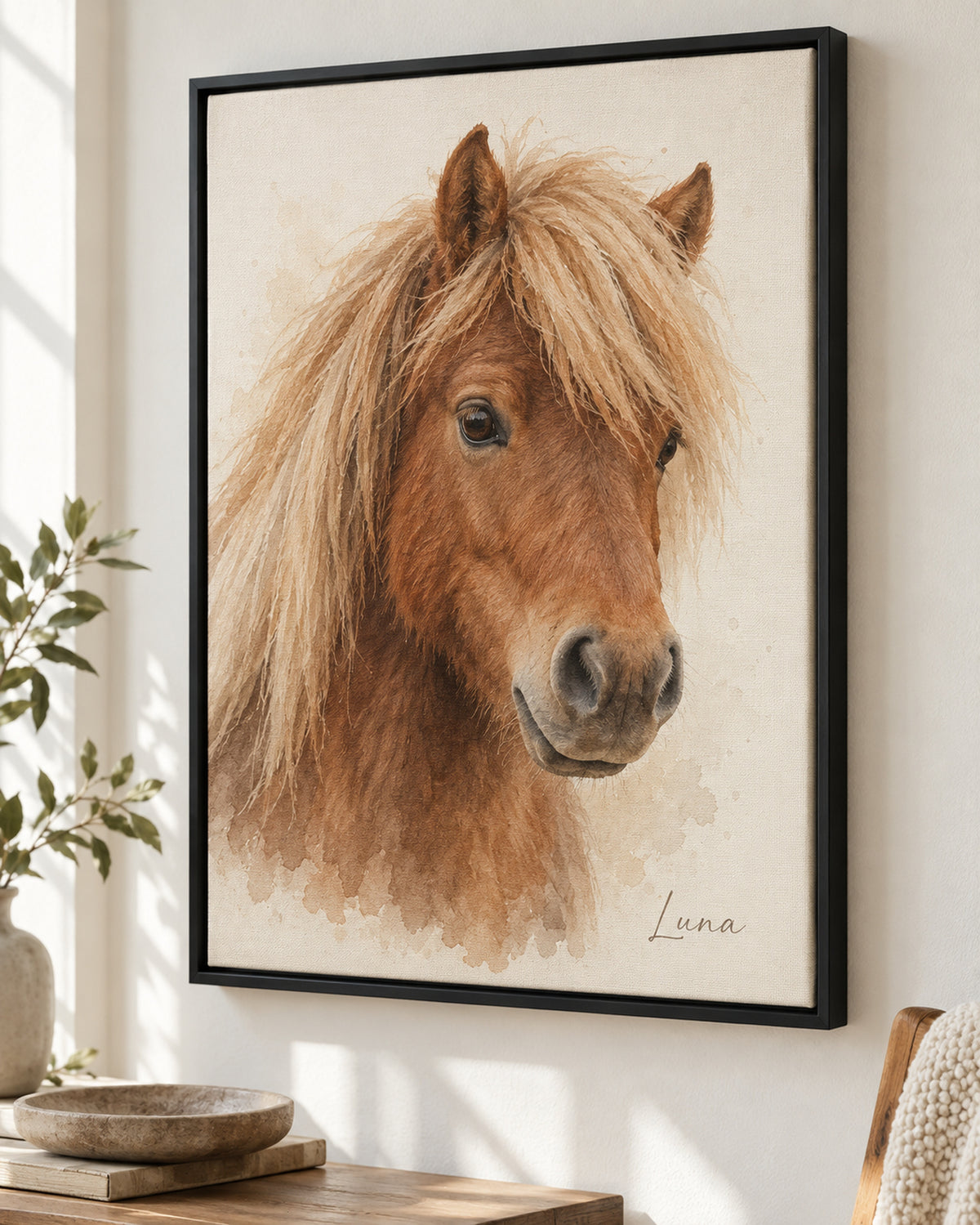 Horse portrait on framed canvas, example: Shetland pony named Luna