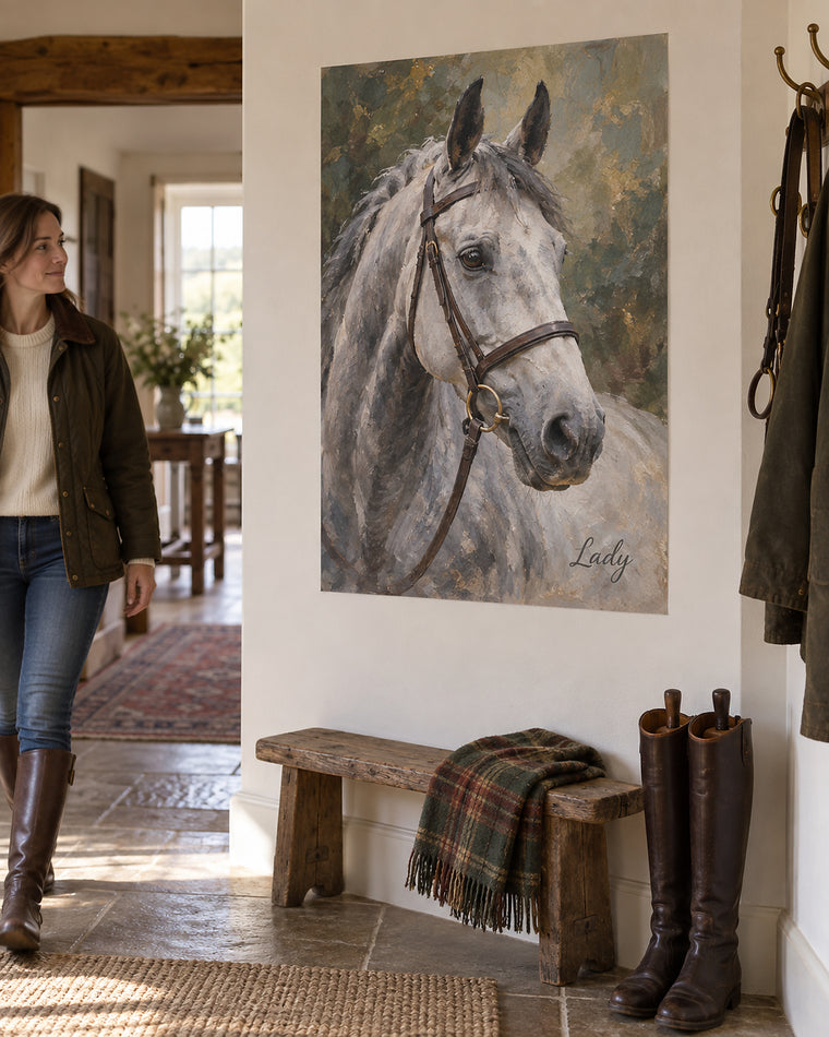 Pferdeportrait als Poster im Wohnzimmer, Schimmel mit dem Namen Lady