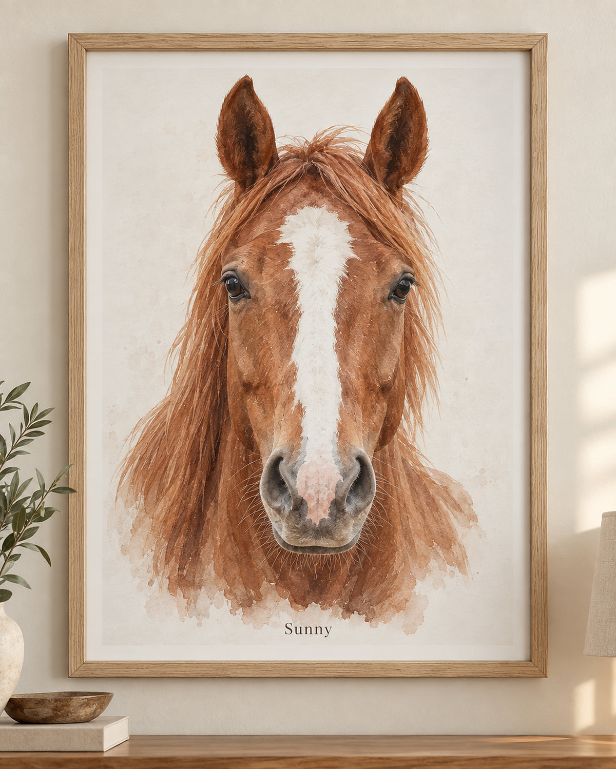 Horse portrait in a wooden frame: chestnut horse with a blaze named Sunny