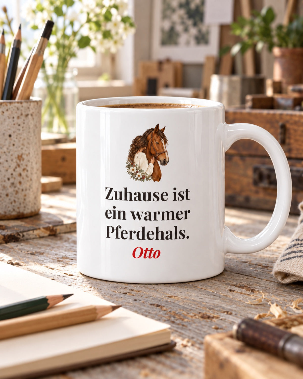 Weiße Keramiktasse Pferdetasse mit Spruch: Zuhause ist ein warmer Pferdehals. auf einer alten Werkbank mit Beispielname Otto