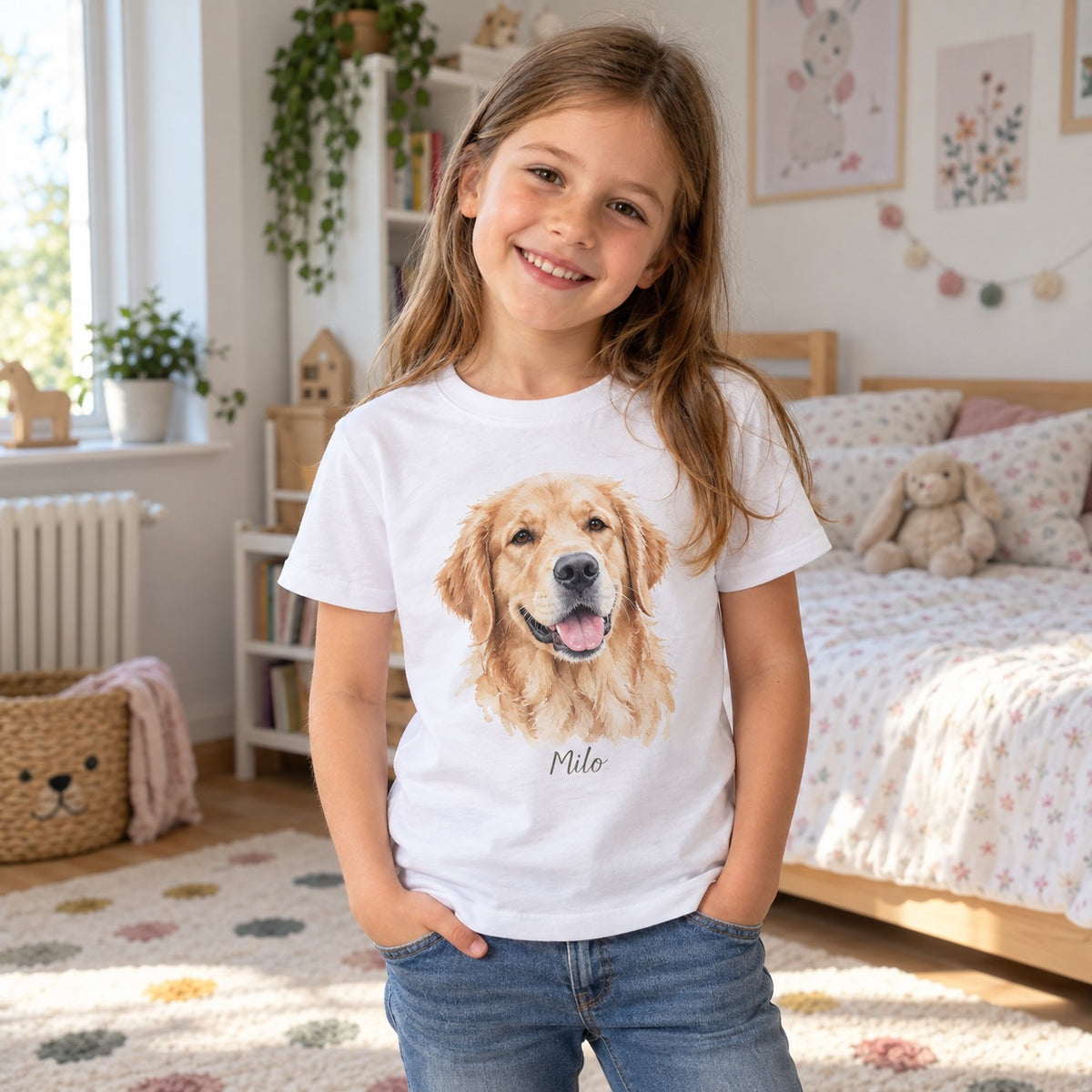 Weißes Kinder-T-Shirt mit Golden Retriever im Aquarellstil im hellen Kinderzimmer
