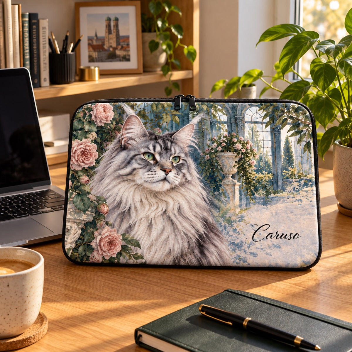 Randlose Laptophülle mit Katze Maine Coon im Aquarellstil am Schreibtisch