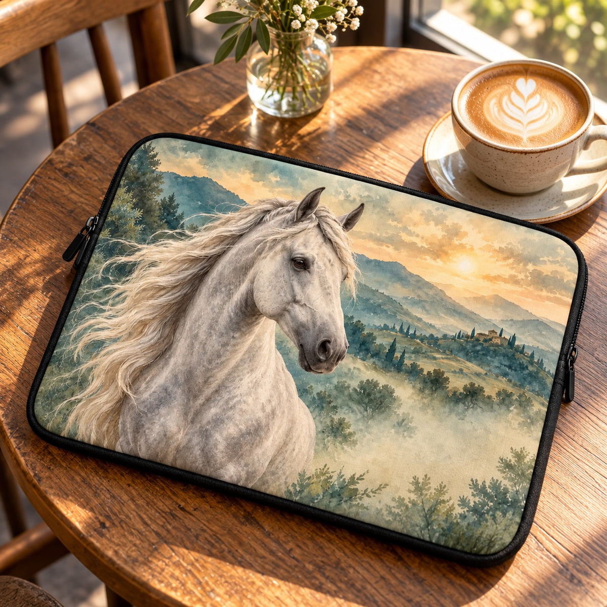 Randlose Laptophülle mit Pferd Schimmel im Aquarellstil im Café