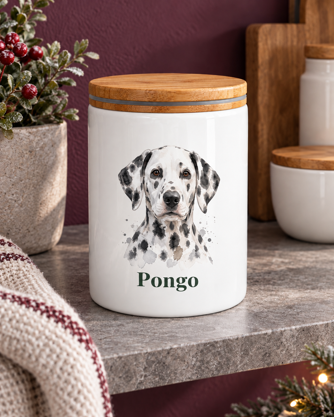 Personalisierte Leckerlidose für Hunde mit Porträt und Name – neue Produktansicht