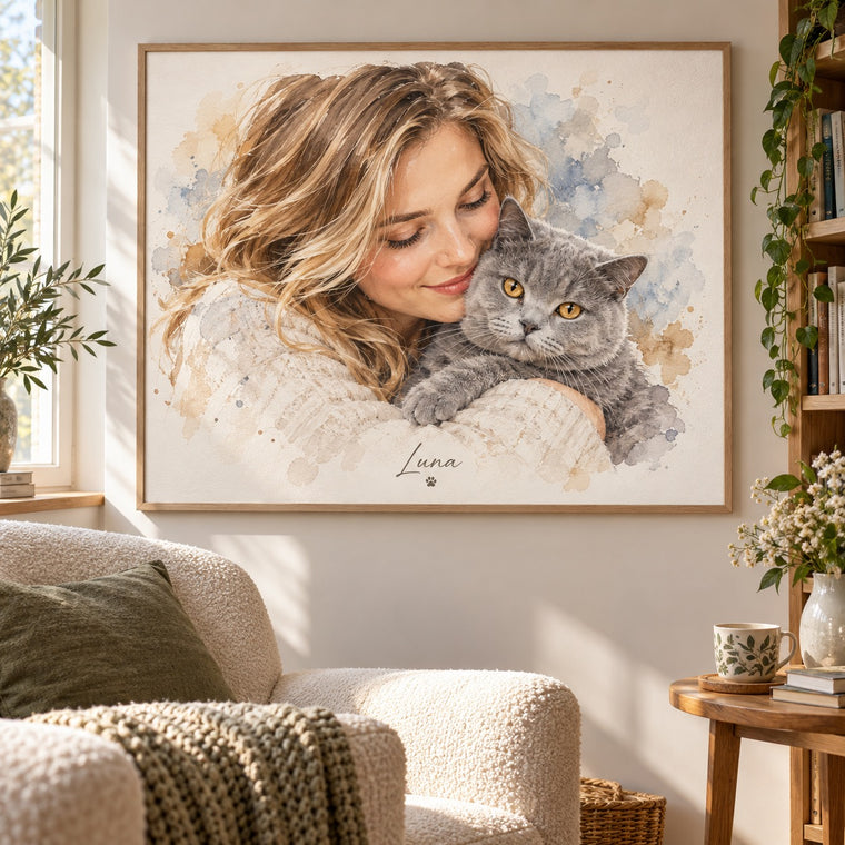 Aquarellportrait einer Frau mit Britisch Kurzhaar Katze in heller Leseecke