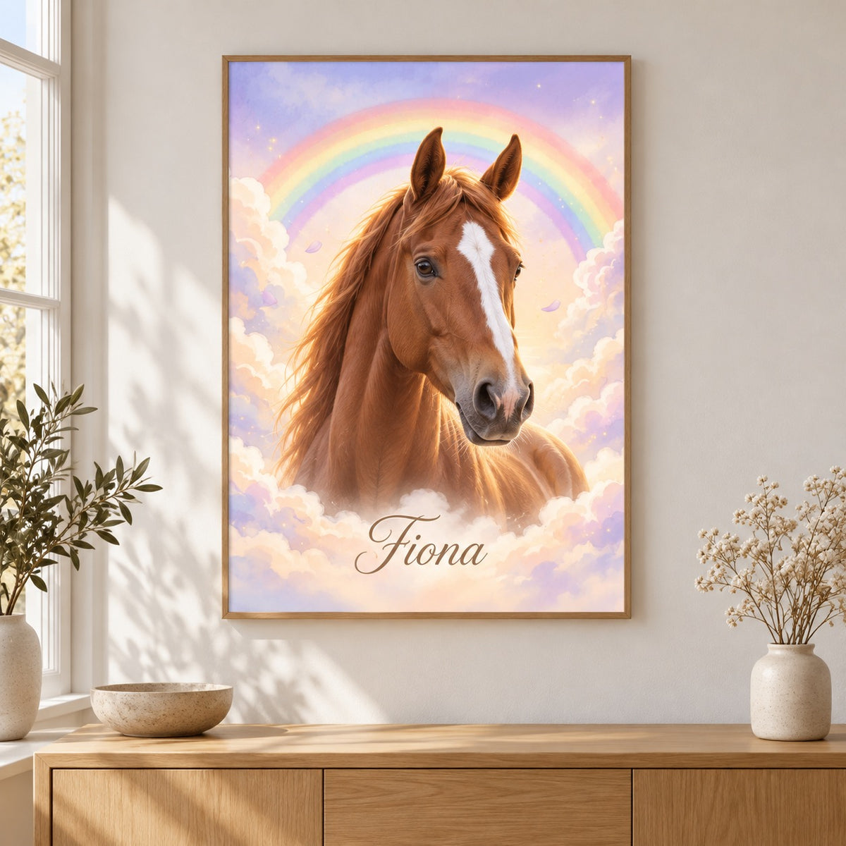 Gedenkportrait Regenbogenbrücke als Poster mit Hannoveraner Pferd im warmen Wohnzimmer