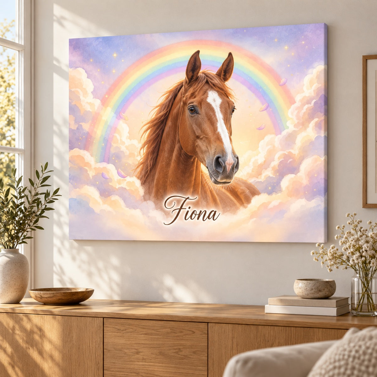 Gedenkportrait Regenbogenbrücke auf Leinwand mit Hannoveraner Pferd im warmen Wohnzimmer