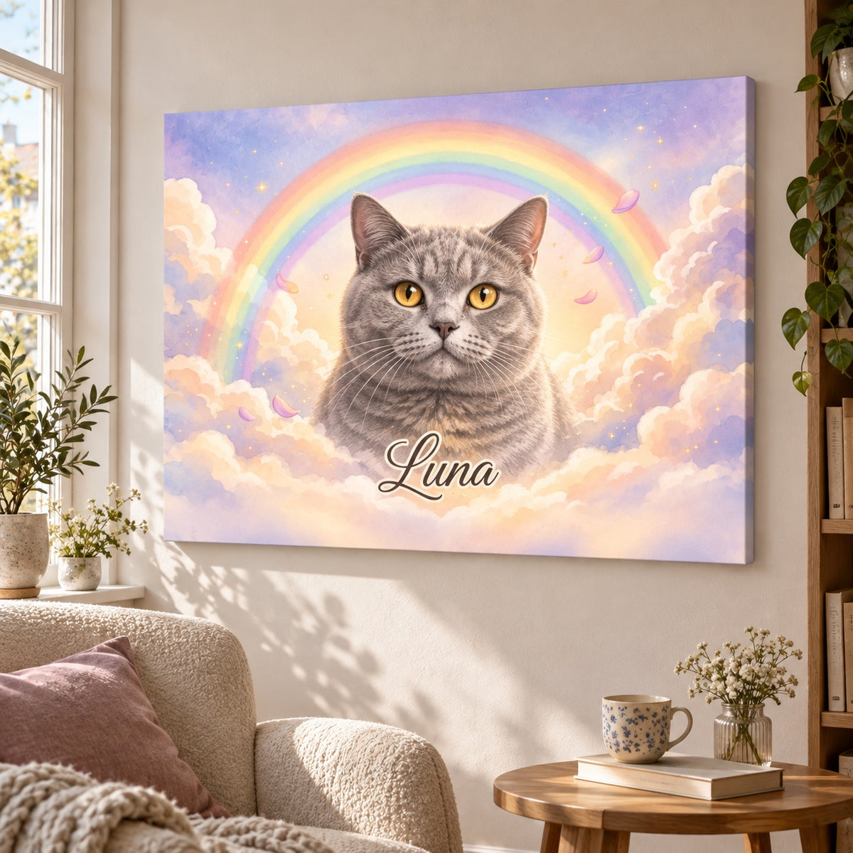 Gedenkportrait Regenbogenbrücke auf Leinwand mit Britisch Kurzhaar Katze in ruhiger Leseecke