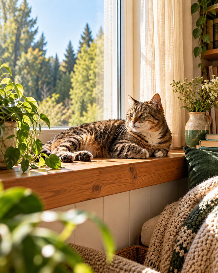 Ältere getigerte Katze liegt auf einer sonnigen Fensterbank